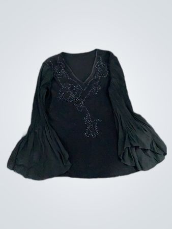 Black Long-Sleeve Top with Ruffled Sleeves and Beaded Design