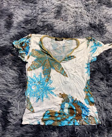 Blouse with Blue and Gold Floral Pattern