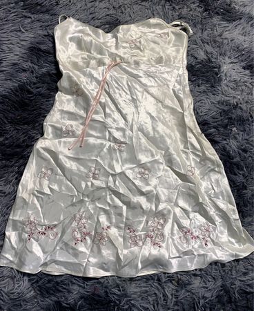 White Satin Dress with Pink Embroidery