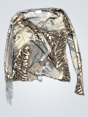 Brown and Green Leaf-Patterned Long-Sleeve Top