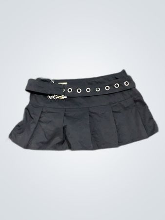 Black Pleated Skirt with Mesh Hem and Belt