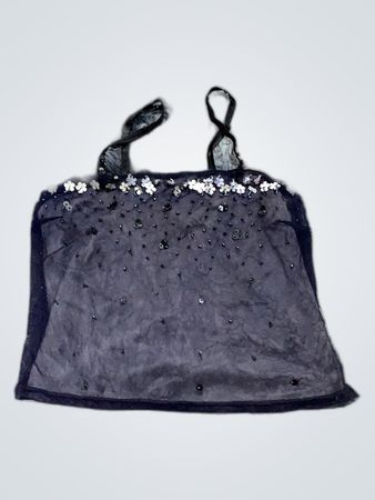 Sheer Black Tank Top with Floral Embellishment