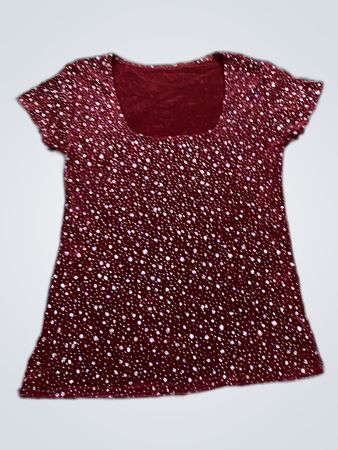 Red Sequined Short Sleeve Scoop Neck Top