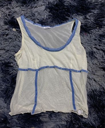 Sheer White Tank Top with Blue Trim