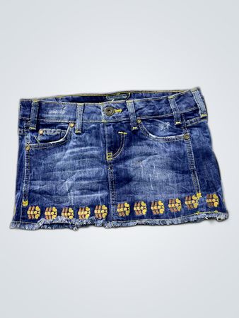 Blue Denim Skirt with Yellow Embroidery