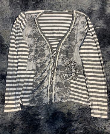 Gray and White Striped Cardigan