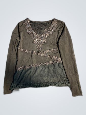 Gray Long-Sleeve Blouse with Lace Details