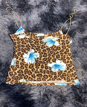 Leopard Print Tank Top with Blue Flowers
