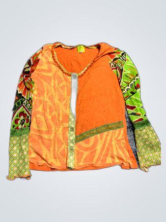 Orange Long-Sleeve Top with Green Patterned Sleeves