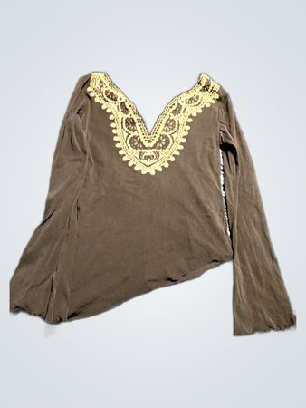Brown Long Sleeve Top with Gold Embroidery