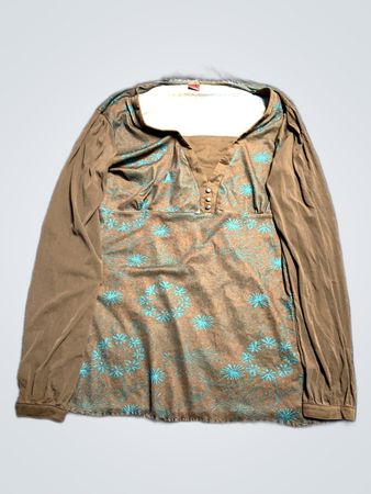 Brown Long-Sleeve Shirt with Blue Floral Pattern