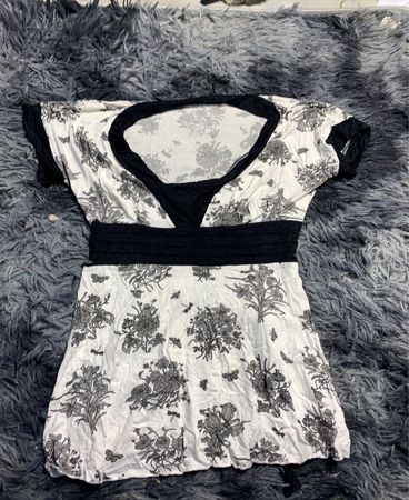 White Floral Short Dress with Black Accents