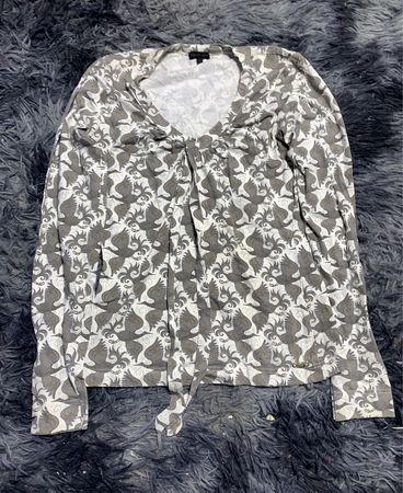 BCBG Grey Bird Print Long Sleeve Blouse