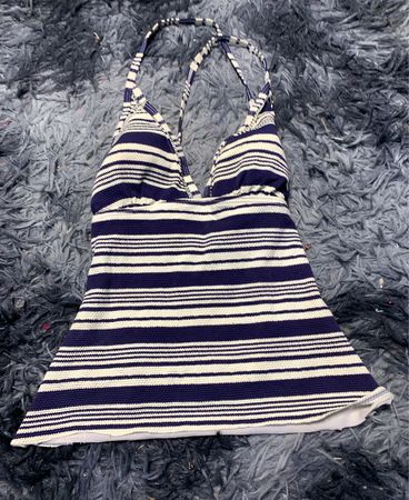 Blue and White Striped Halter Neck Swimsuit Top