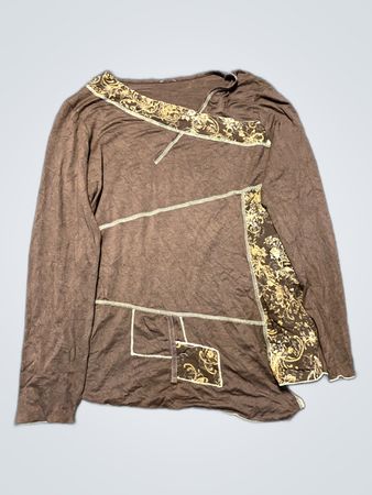Brown Long-Sleeve Top with Floral Accents