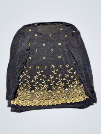 Black Long-Sleeve Top with Gold Embroidery