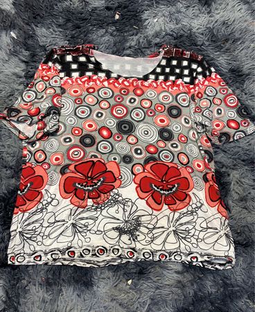 Blouse with Red Flowers and Black, White, and Red Circles