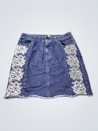 Denim Skirt with White Floral Embroidery