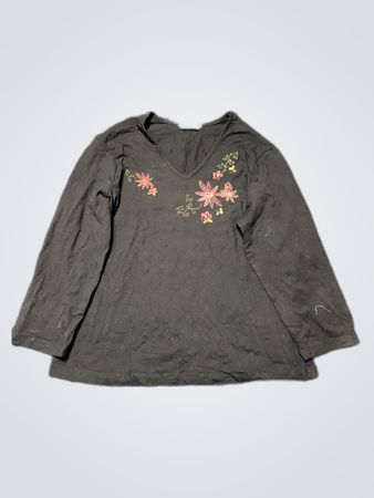 Black Long-Sleeve Shirt with Floral Embroidery