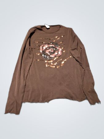 Brown Long-Sleeve Shirt with Sequined Rose Design