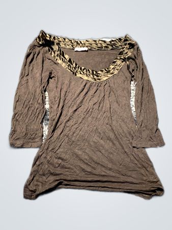 Brown 3/4 Sleeve Shirt with Leopard Trim