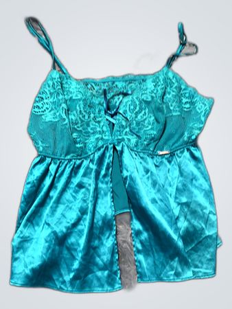 Teal Satin Chemise with Lace Trim