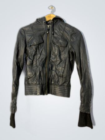 Black Leather Zip-Up Hooded Jacket