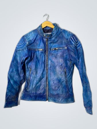 Blue Distressed Leather Biker Jacket