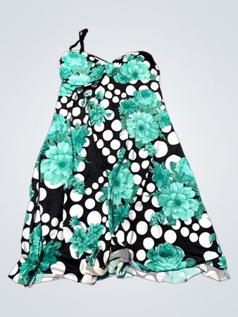 Teal Floral Polka Dot Strapless Mini Dress