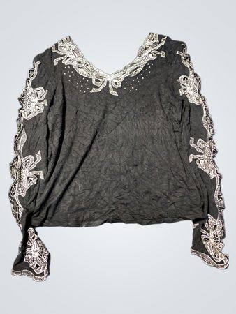 Black Long-Sleeve Top with White Embroidery