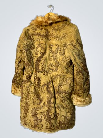 Brown Fur-Trimmed Coat with Floral Pattern