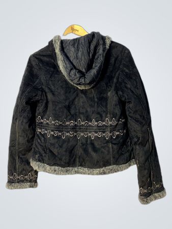 Black Faux Fur Jacket with White Embroidery