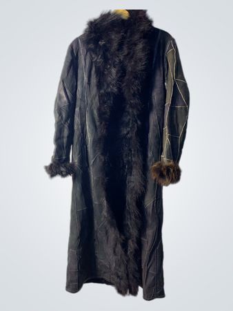 Long Black Leather Coat with Fur Trim
