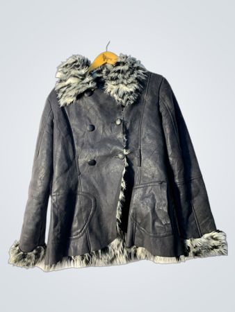Gray Fur-Lined Leather Coat
