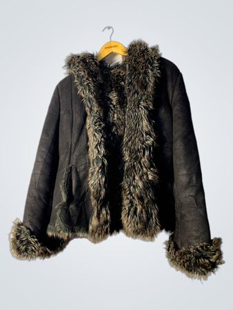 Black Hooded Suede Jacket with Fur Trim