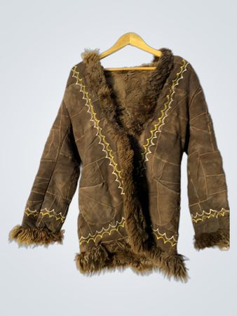 Brown Fur-Trimmed Jacket with Yellow Stitching