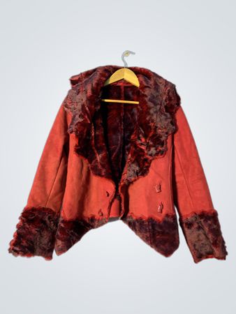 Red Suede Fur Trim Hooded Jacket