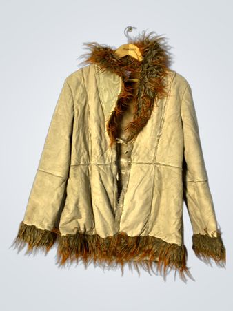 Beige Suede Fur Trim Hooded Jacket