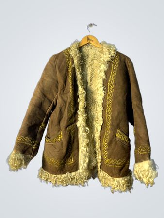 Brown Leather Jacket with Yellow Embroidery and Fur Trim