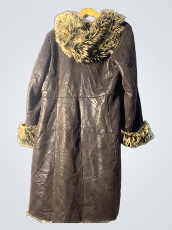 Brown Leather Coat with Fur Trim