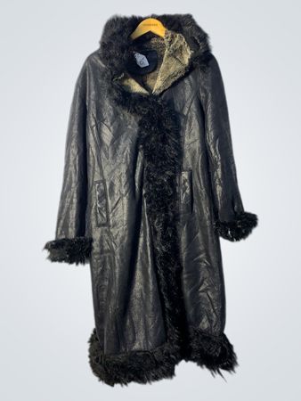 Long Black Leather Coat with Fur Trim