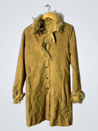 Unbranded Tan Suede Fur Trim Long Coat
