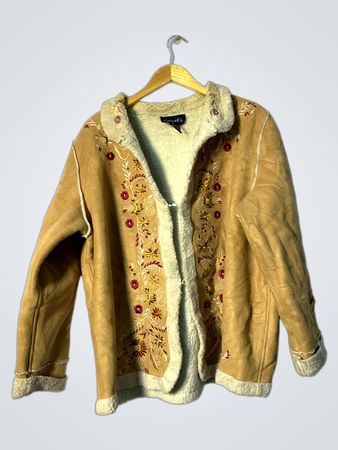 Tan Suede Jacket with Floral Embroidery and Shearling Trim