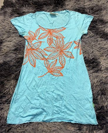 Light Blue Short Sleeve Dress with Orange Leaf Design