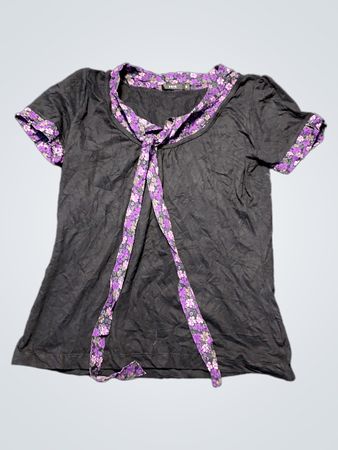 Black Tie Front Blouse with Purple Floral Trim
