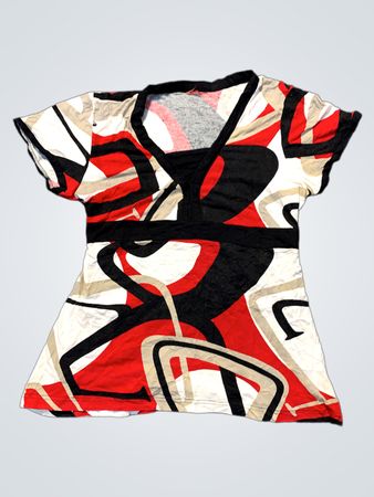 Blouse with Red, Black, and White Abstract Pattern