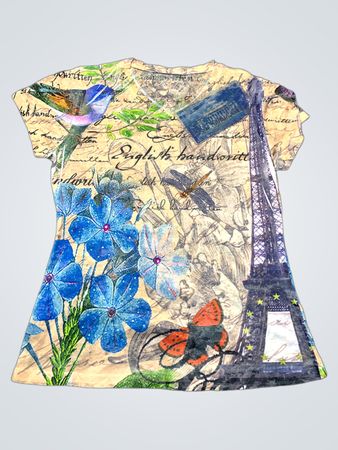 Short Sleeve Shirt with Floral and Eiffel Tower Design