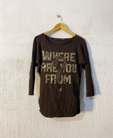 Brown Long-Sleeve T-Shirt with 'WHERE ARE YOU FROM' Text