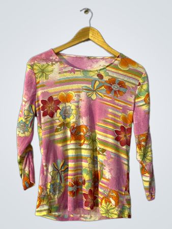 Unbranded Multicolor Floral Stripe Long Sleeve Blouse