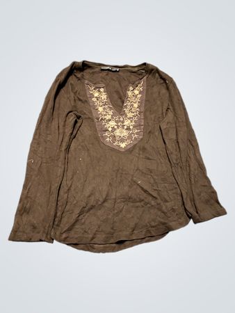 Brown Long Sleeve Top with Embellished Neckline